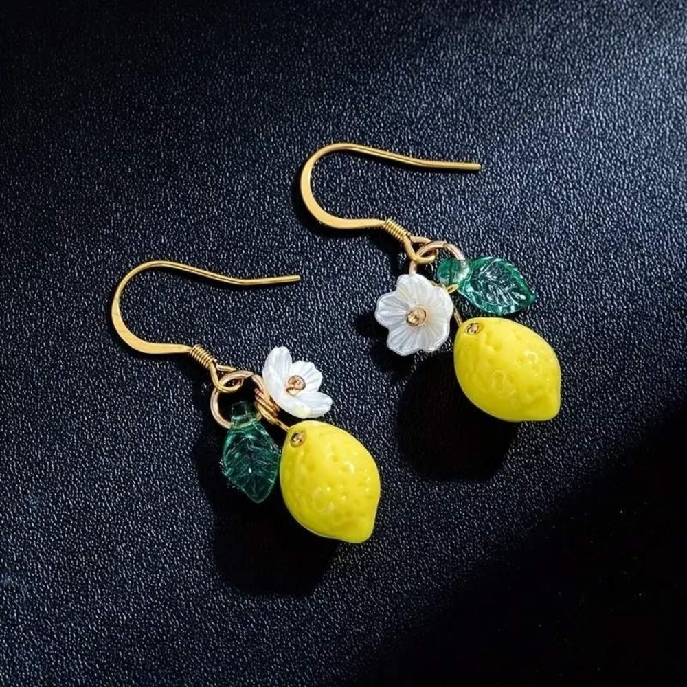 Lemon Drop Dangle Earrings‎ Flower Accent Gold Tone Summer Jewelry